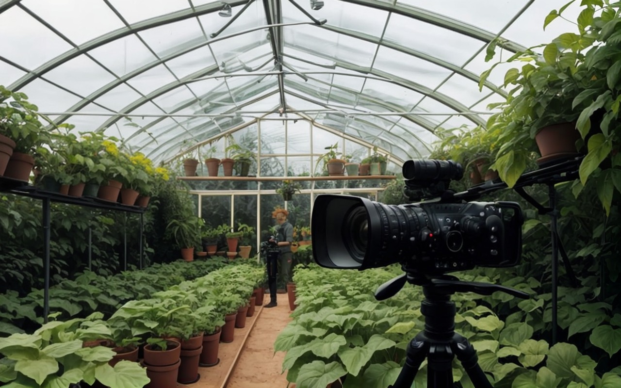 Television crew filming in the greenhouse